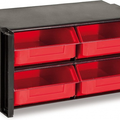 Organizador preto com quatro gavetas vermelhas