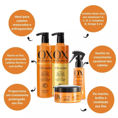 Produtos para cabelo OX Harimari laranja com texto em círculos laranja sobre benefícios.