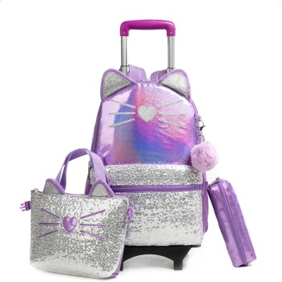 Conjunto de mochila com rodas, mala tote e estojo roxos e prateados com motivo de gato