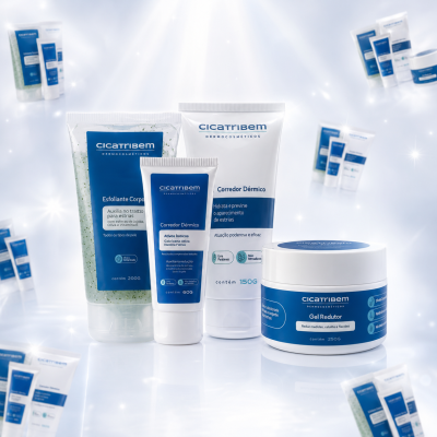 Produtos dermocosméticos Cicatribem em embalagens brancas com rótulos azuis