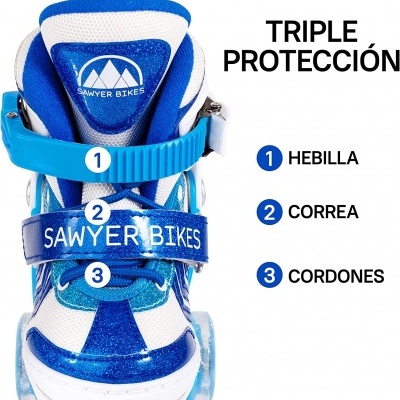 Bota de patins azul e branca com fecho e texto Sawyer Bikes