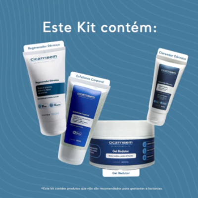 Kit de produtos Cicatrbem com Regenerador Dérmico, Esfoliante Corporal, Clareador Dérmico e Gel Redutor em fundo azul.