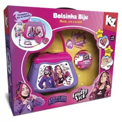 Jogo Bolsinha Biju Kz Play com bolsa colorida e adesivos para personalizar.