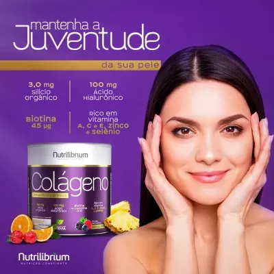 Suplemento de colágeno Nutrilibrium em embalagem roxa com informações nutricionais e modelo feminina sorridente