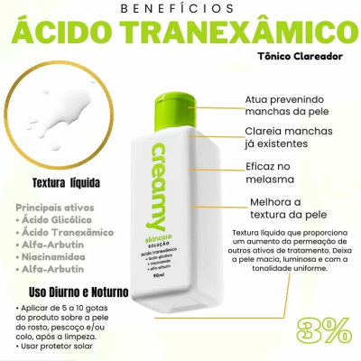 Frasco branco com tampa verde de produto para pele ácido tranexâmico, texto explicativo e lista de ativos