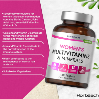 Frasco de multivitaminas e minerais para mulheres da Horbäach com texto informativo e folhas verdes ao fundo