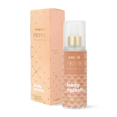 Frasco e caixa de body splash rosados com detalhes dourados e texto branco.
