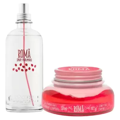 Conjunto ROMÃ spray perfumado e gel hidratante corporal em vidro com líquido vermelho