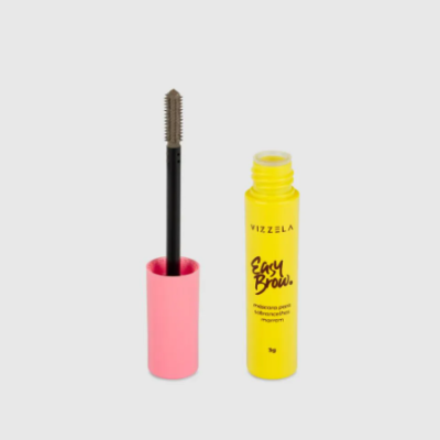 Máscara para sobrancelhas Easy Brows Vizzela com tubo amarelo e tampa rosa, aplicador visível