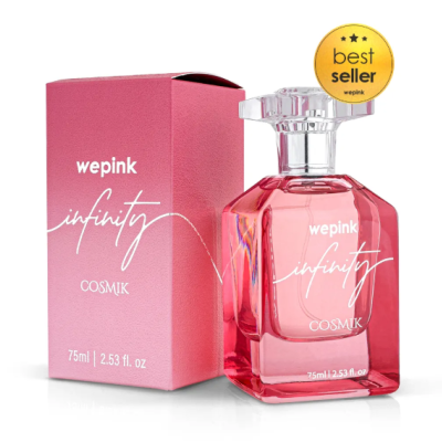 Frasco e caixa rosa de perfume Wepink Infinity Cosmik com selo best seller
