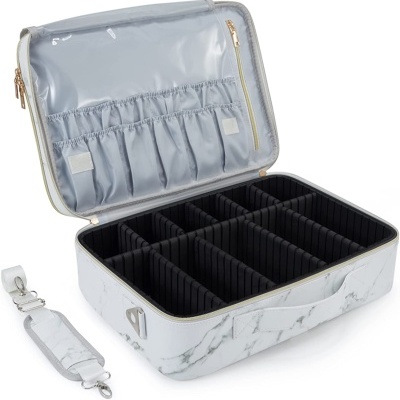 Estojo rígido branco com padrão de mármore e divisórias internas ajustáveis