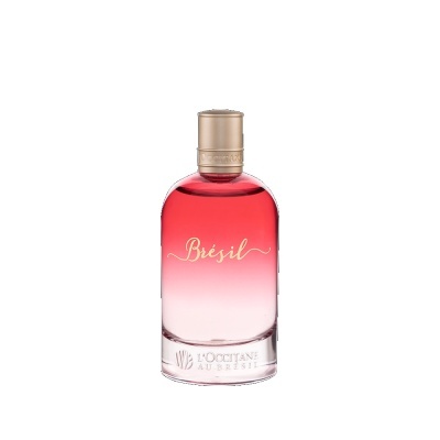 Frasco de perfume vermelho degradé com tampa dourada e texto Brésil