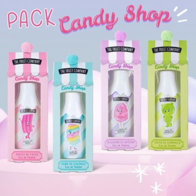 Pack Candy Shop com 4 eau de toilette em caixas coloridas e decoradas com doces