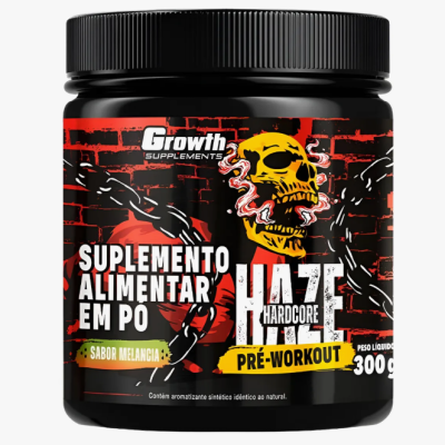 Pote preto de suplemento em pó com rótulo vermelho, amarelo e preto e caveira amarela