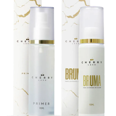 Dois frascos de primer e bruma da marca Cherry Lash com embalagens brancas e detalhamento dourado