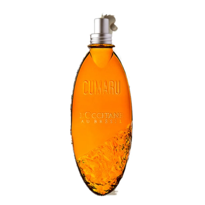 Frasco âmbar de perfume Cumaru da L'Occitane em fundo branco