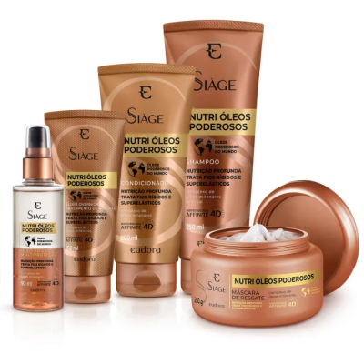 Produtos Siàge Nutri Óleos Poderosos da Eudora em embalagens castanho claro e escuro