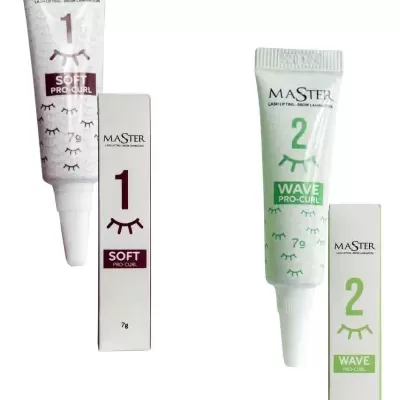 Dois tubos de produto MASTER LASH LIFTING - BROW LAMINATION, números 1 e 2, SOFT PRO-CURL e WAVE PRO-CURL