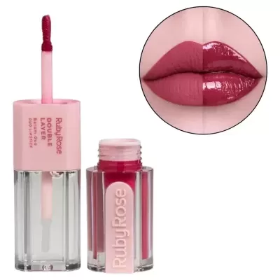 Batom Ruby Rose Double Layer embalagem rosa e transparente com aplicador e foto de lábios com batom vermelho mate e gloss
