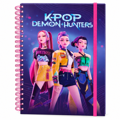 Caderno espiral K-POP DEMON HUNTERS com capa ilustrada colorida e elástico rosa