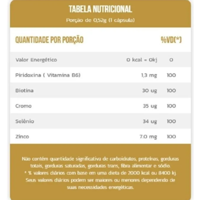 Tabela nutricional de suplemento com valores de vitaminas e minerais por cápsula