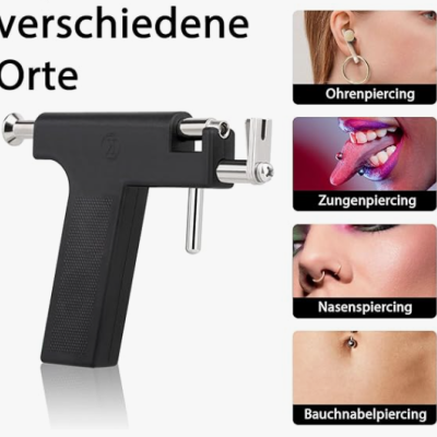 Pistola perfuradora preta com imagens de piercings em diferentes locais do corpo