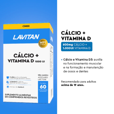 Embalagem azul e branca do suplemento Lavitan Cálcio + Vitamina D 1000 UI
