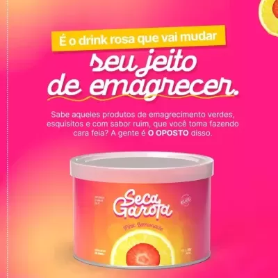 Lata rosa de produto Seca Garota Pink Lemonade com imagens de frutas e texto promocional em fundo rosa