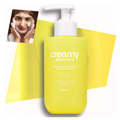 Frasco amarelo com limpador facial Creamy Skincare e imagem de mulher aplicando produto no rosto