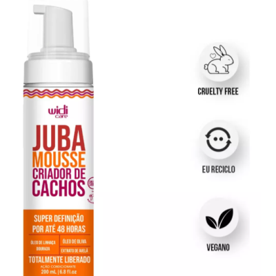 Frasco de mousse para cabelo com texto e ícones de vegan, reciclagem e cruelty free