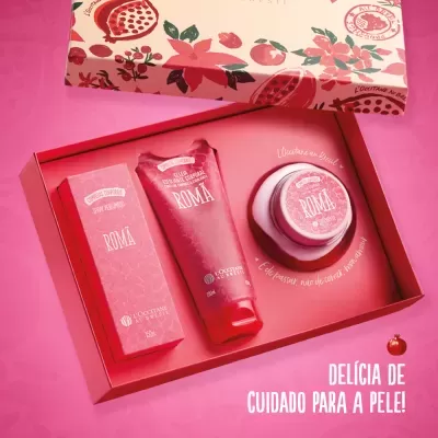 Conjunto de cuidados corporais LOccitane au Brésil rosa com spray, geleia esfoliante e creme em caixa decorada