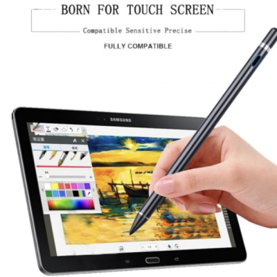 Caneta stylus prateada numa tablet Samsung preta com aplicação de desenho no ecrã