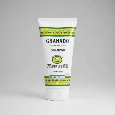 Frasco branco de shampoo GRANADO Castanha do Brasil 180ml com padrão floral