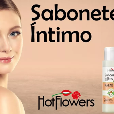 Imagem promocional de sabonete íntimo Hot Flowers com duas embalagens e rosto de mulher sorridente