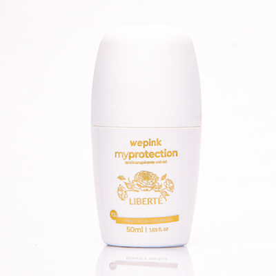 Roll-on desodorizante antitranspirante wepink myprotection LIBERTÉ 50ml embalagem branca com texto dourado