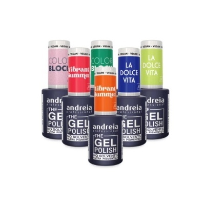 Frascos de verniz gel para unhas com rótulos coloridos e texto da marca andreia professional