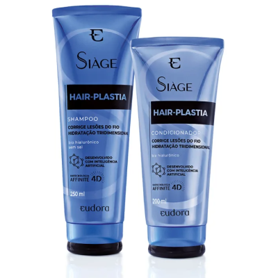 Frascos azuis de shampoo e condicionador Eudora Siàge Hair-Plastia