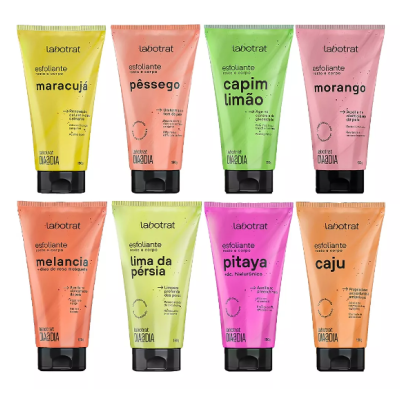Oito tubos coloridos de esfoliante Labotrat com sabores variados.