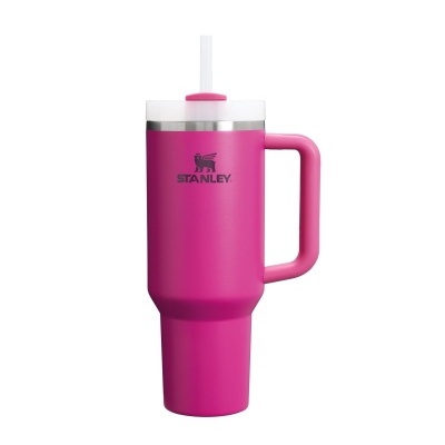 Copo térmico rosa com tampa branca, alça e canudo transparente