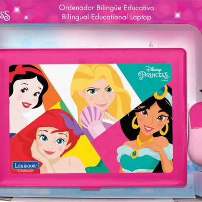 Laptop educativo Disney Princess rosa com ilustrações de princesas e rato cor-de-rosa