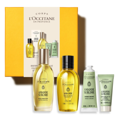 Conjunto de produtos LOCCITANE EN PROVENCE AMANDE SUBLIME com embalagem amarela e vários frascos e tubos de cuidados pessoais