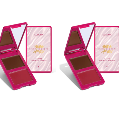 Paleta de maquilhagem rosa com dois tons de pó creme e espelho interior