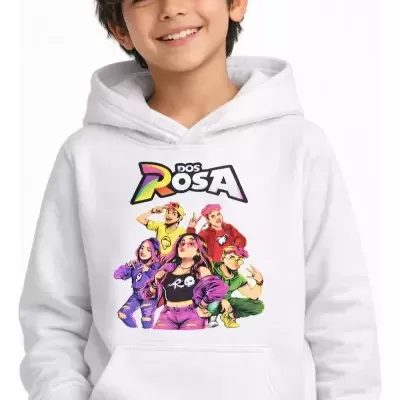 Sweatshirt branca com estampa de personagens animados e texto DOS ROSA