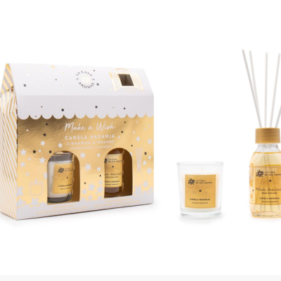 Conjunto de vela e difusor de ambiente em embalagem decorativa branca e dourada