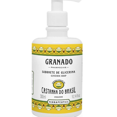 Frasco de sabonete de glicerina Granado Castanha do Brasil 300ml com rótulo amarelo e branco