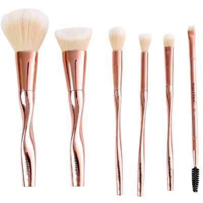 Conjunto de seis pincéis de maquilhagem com cabos cor cobre e cerdas brancas