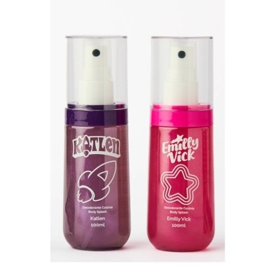 Dois frascos de spray Body Splash, um roxo Katlen e outro rosa Emilly Vick