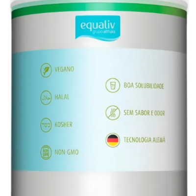 Lata de produto equaliv com texto informativo em português e ícones de certificação.