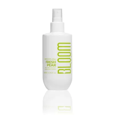 Frasco branco de spray com texto verde de body splash Fresh Pear