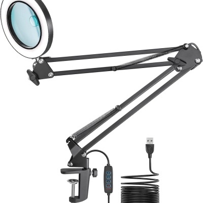 Lâmpada de mesa com lente de aumento, braço articulado e cabo USB preto
